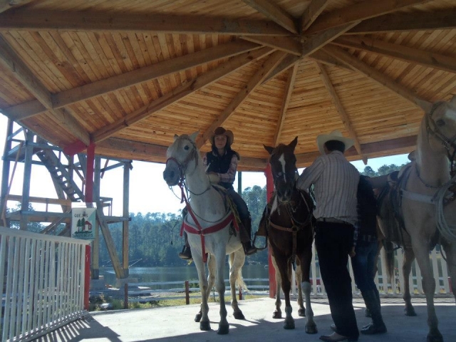  在导游的带领下骑马 